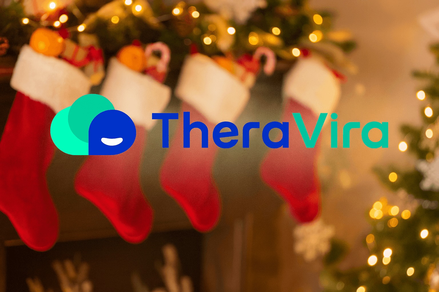 TheraVira-Logo mit Adventssocken im Hintergrund