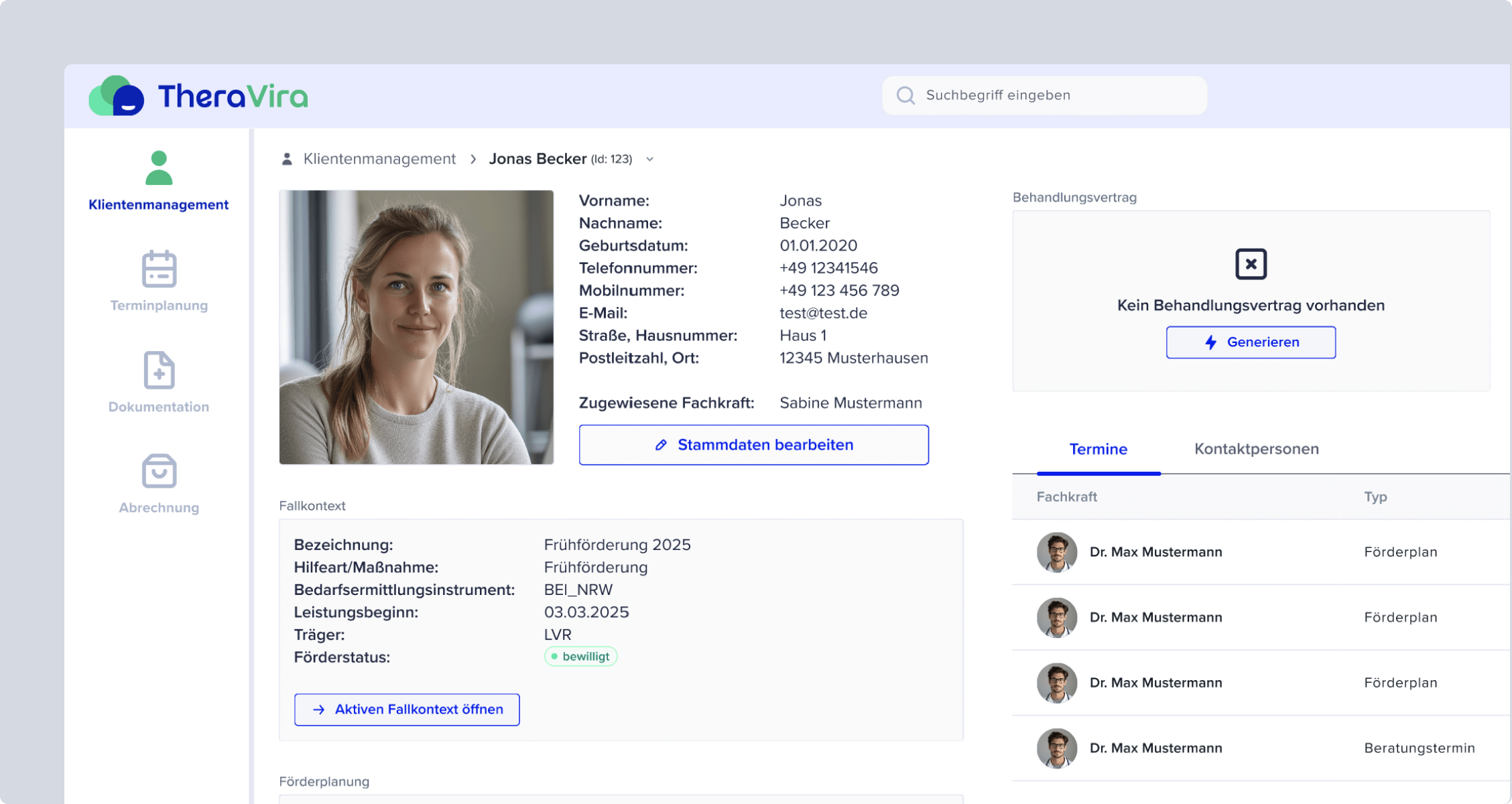 Screenshot des Bereiches Klientenmanagement im Prototyp TheraVira