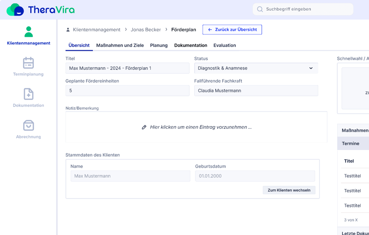 Screenshot Funktionen Bereich Klientenmanagement Förderplan Übersicht