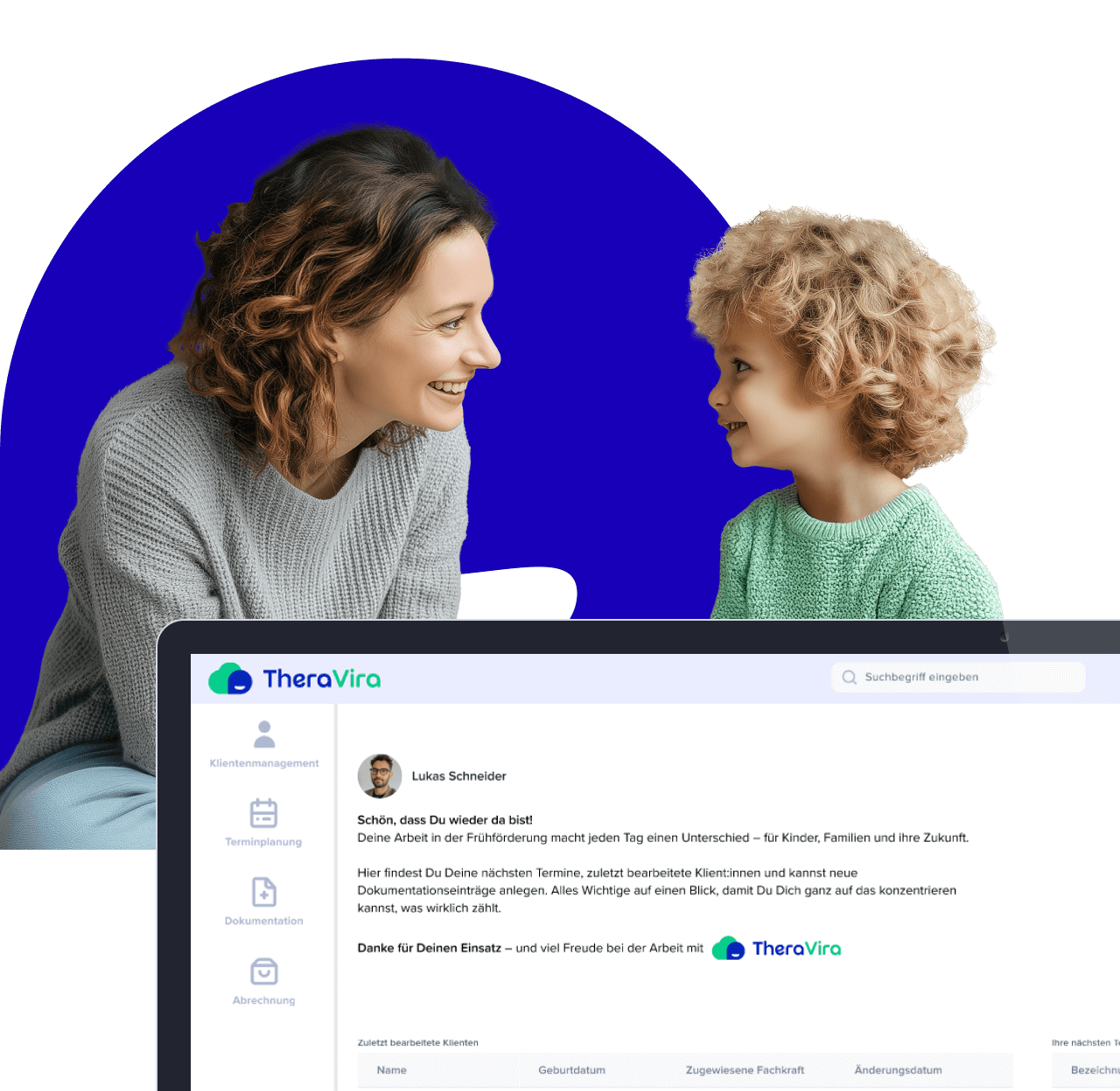 Headerbild Startseite mit Frau und Kind, darunter ein Screenshot der Software