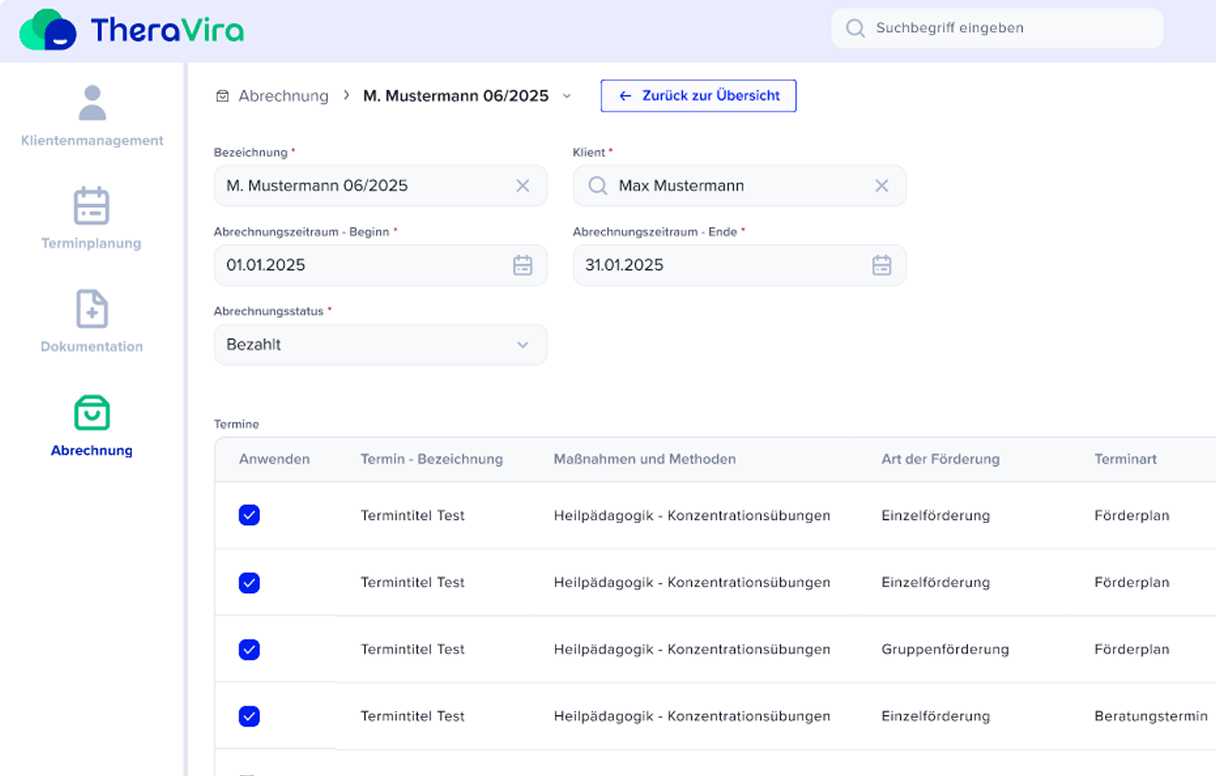 Screenschot Funktionen Bereich Abrechnung Detail