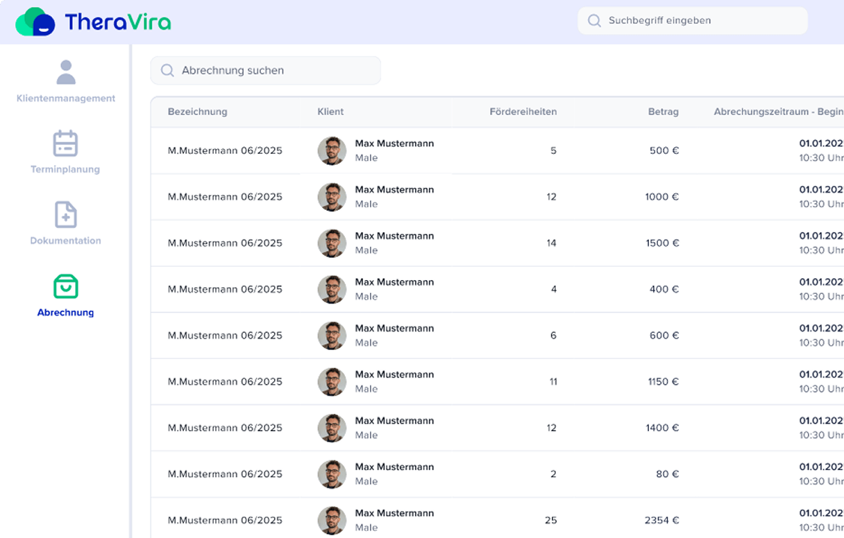 Screenschot Funktionen Bereich Abrechnung Übersicht