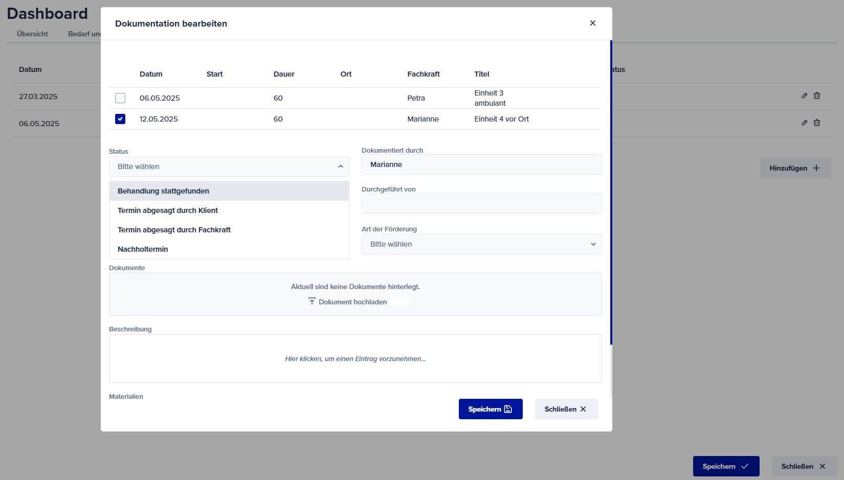 Screenshot eines Dashboards zur Bearbeitung einer Dokumentation mit Termindetails und Statusoptionen.
