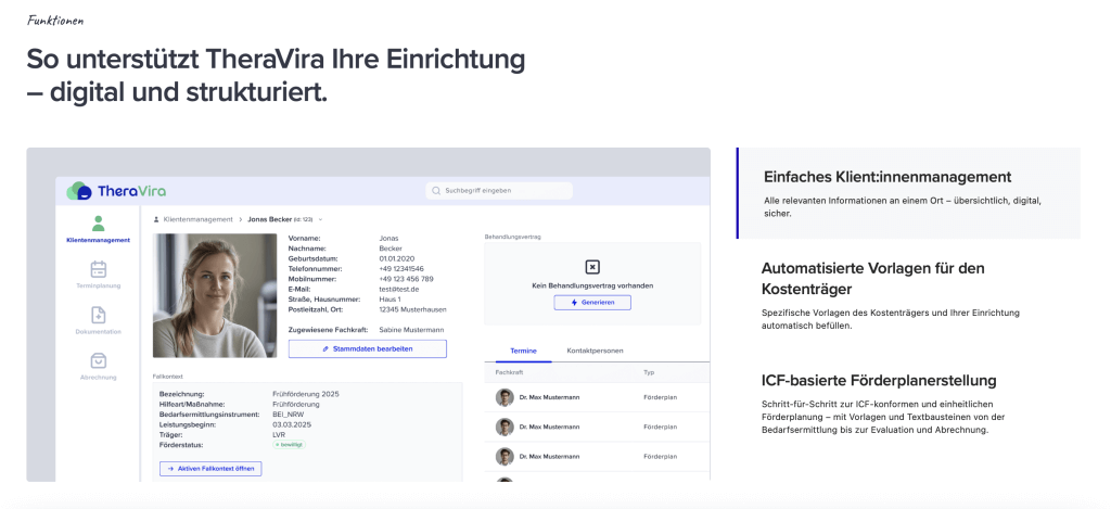 Screenshot von TheraVira-Software, zeigt Klient:innenmanagement und Funktionen wie Terminplanung und Dokumentation.